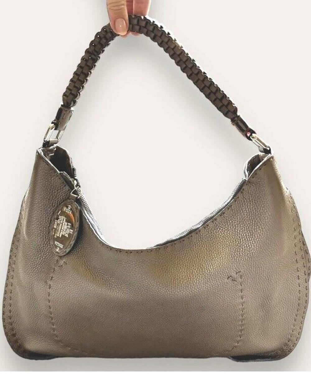 FENDI Selleria hobo bag Purse calf pebbled leather $1880 Metallic